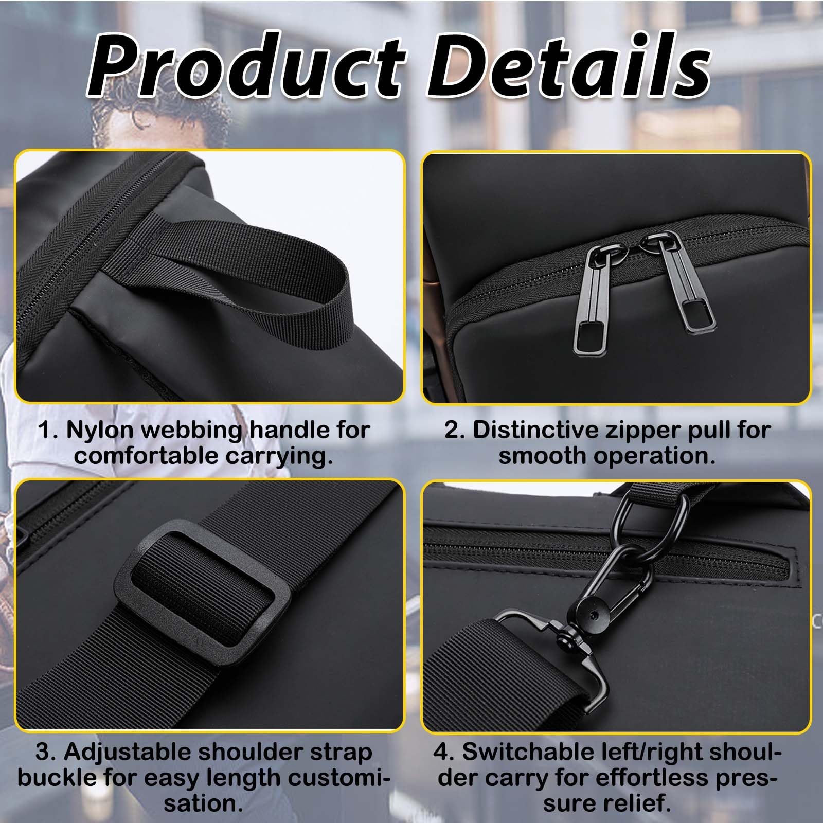 Sling Bag wodoszczelna męska torba na klatkę piersiową, czarna, torba na ramię, torba na telefon komórkowy, tablet, powerbank, klucze, okulary, karty kredytowe