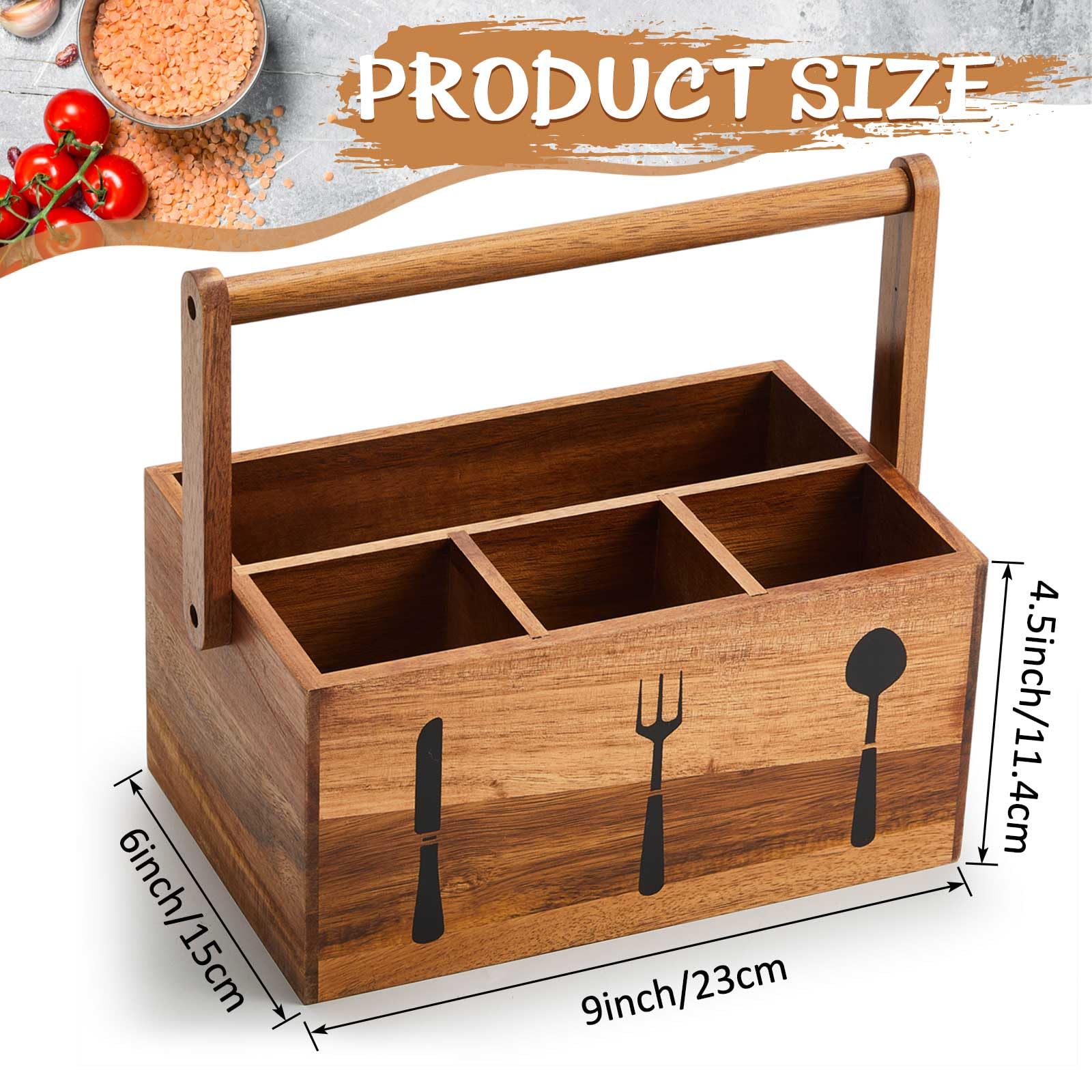 Geetery Acacia Utensil Caddy Silverware Caddy with Handle Wooden Multipurpose Countertop Flatware Napkin Utensil Organizer for Party Picnic Kitchen Trip, 9.1 x 5.9 x 4.5 in(Wood Color)