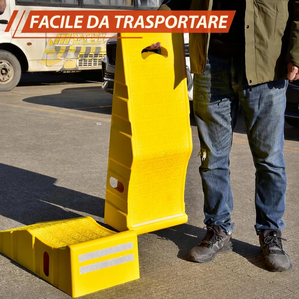 Confezione da 2 rampe per auto, capacità di carico 4.500 kg per coppia, con adesivi di avvertimento riflettenti, colore giallo