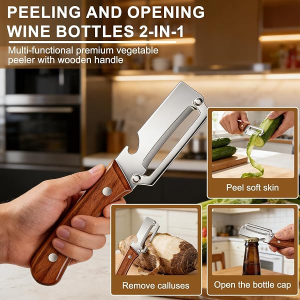 3-in-1 Multifunktionaler Gemüseschäler für die Küche,2Stück Zero Snag Holzschäler aus Edelstahl,Sparschäler mit Holzgriff & integriertem Flaschenöffner für Obst,Gemüse & Fleischscheiben - 2