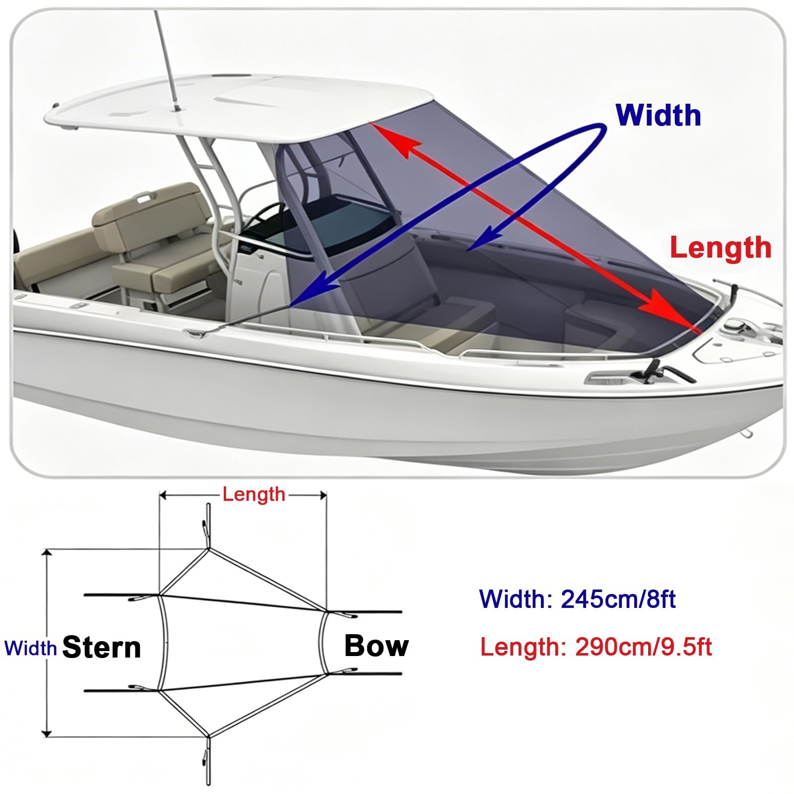 Tendalino per Barca a T, Estensione Tendalino Barca, Tessuto Oxford 600D, Custodia per il Trasporto, Chiusura a G, Parasole Anteriore per Yacht(Gray,245x290cm/8x9.5ft)
