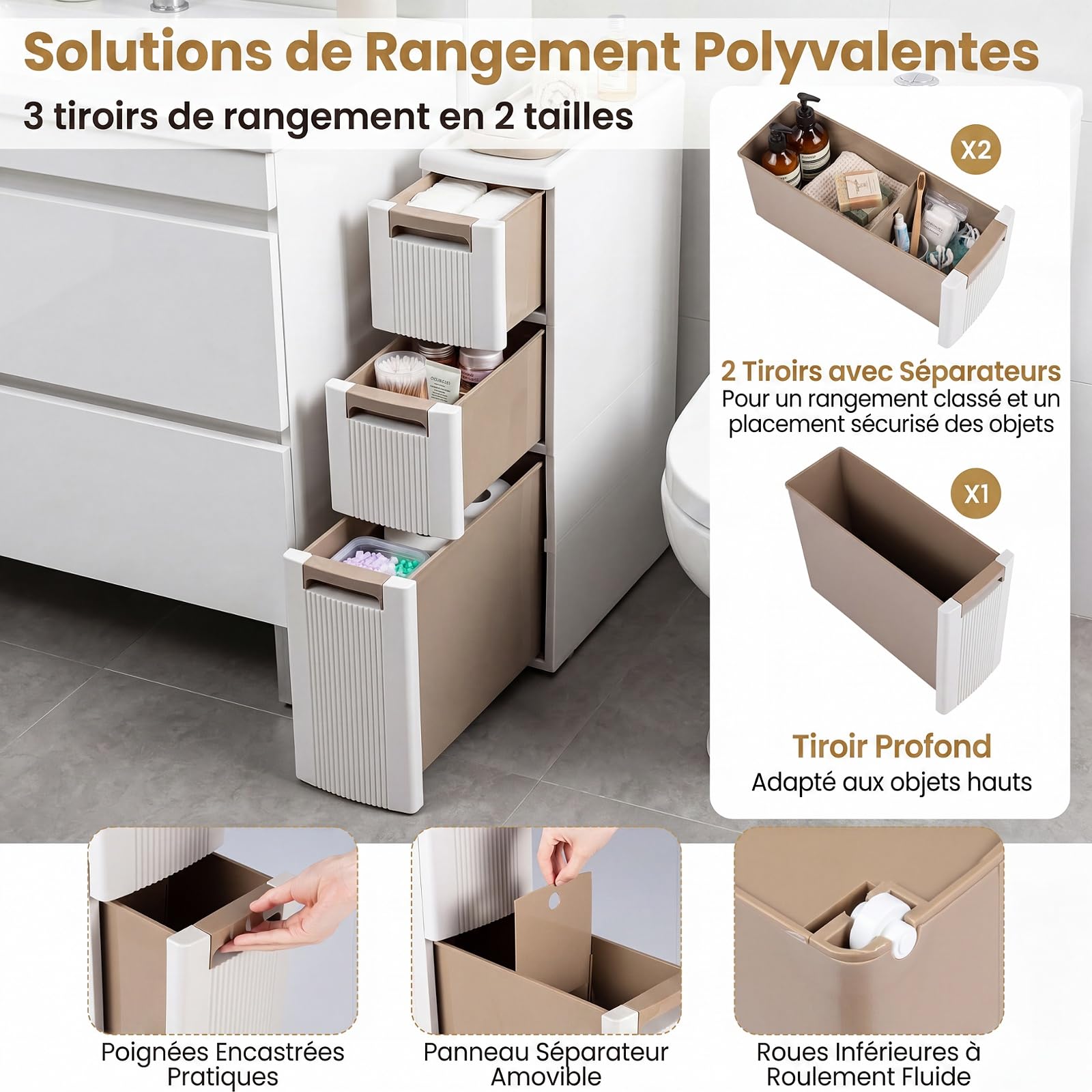 COSTWAY Petit Meuble Salle de Bain à roulettes (3 Tiroirs)