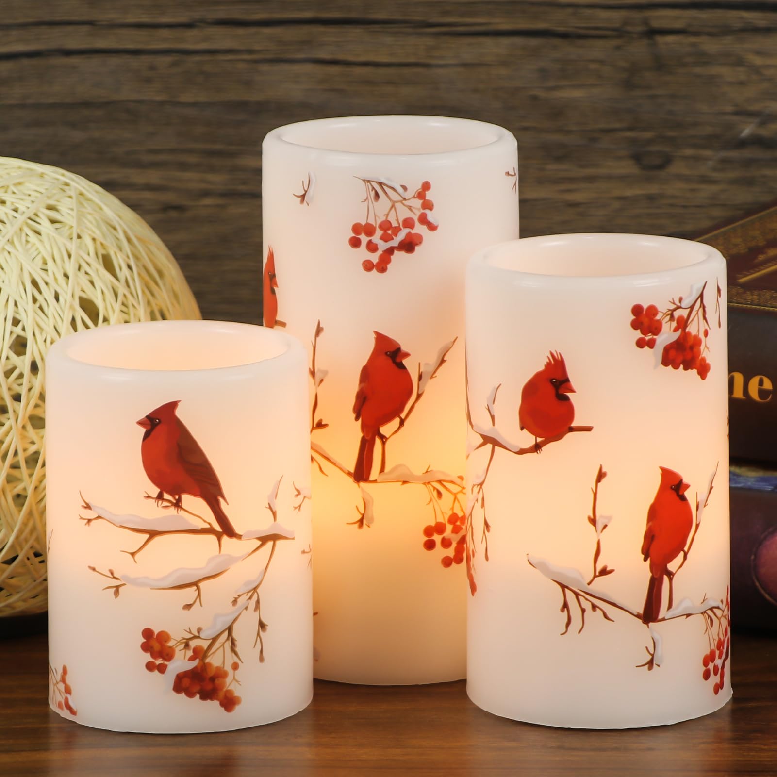 KunSwenn Cardinal Flameless Candles, 3 Pack LED Flickering Pillar Candles with Red Bird Decals, Real Wax Cardinal Home Decor for Halloween Christmas