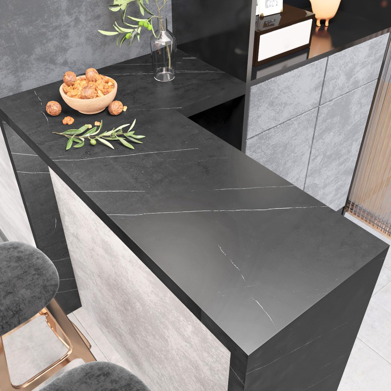 Decotalk Carta Adesiva Per Mobili Effetto Marmo Nero Per Cucina 81X500cm Carta da Parati Moderna Rimovibile Pellicola Adesiva Per Mobili Pietra Marmo Nero Impermeabile Top Bagno Armadio Cassetti