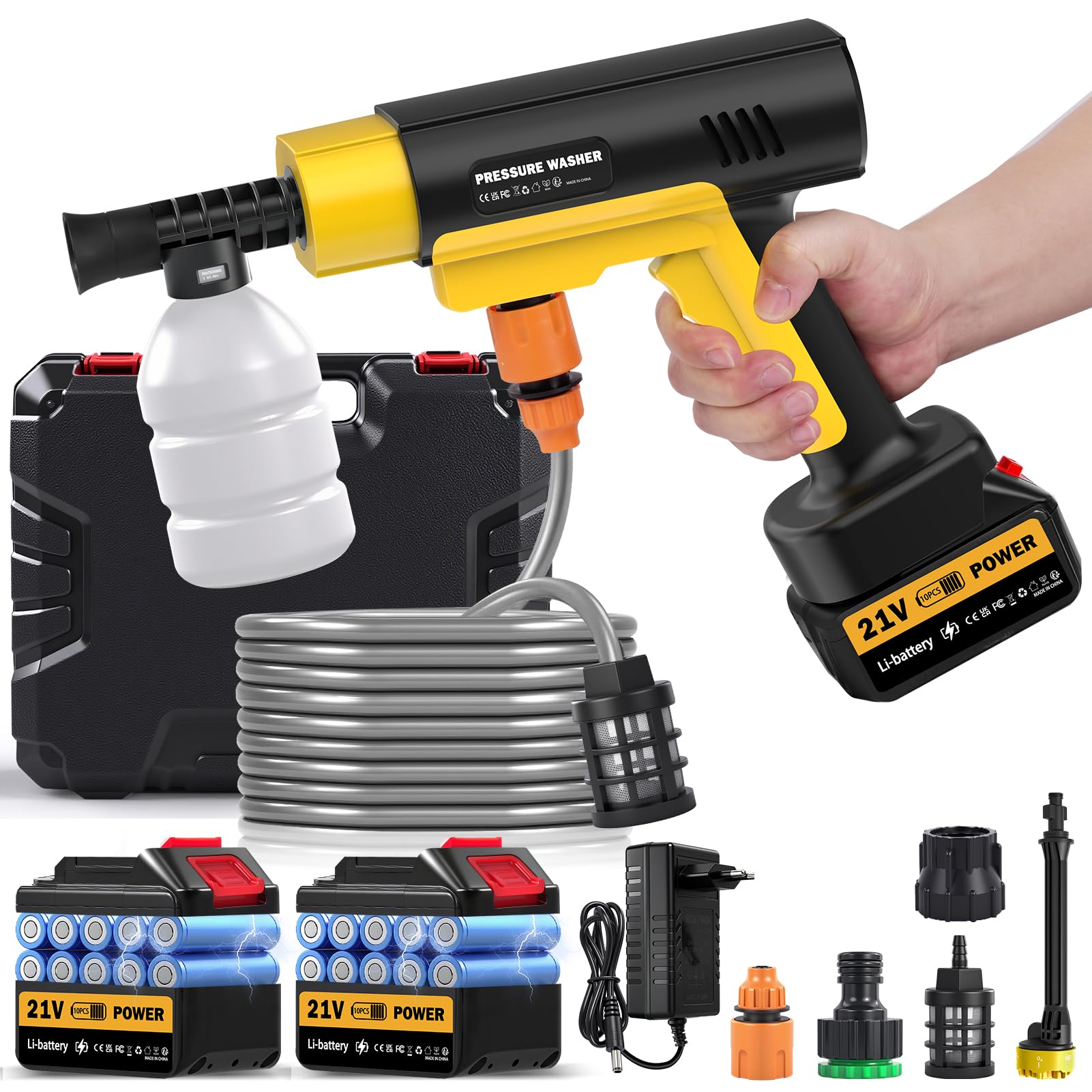 Hidrolimpiadora de Bateria, 21V Hidrolimpiadora de Alta Presión Portátil, 130Bar Pistola Agua Presion Bateria, con Boquilla Multifunción para y 2 Baterías de 3000mAh Adecuado para Varios Coches/Jard