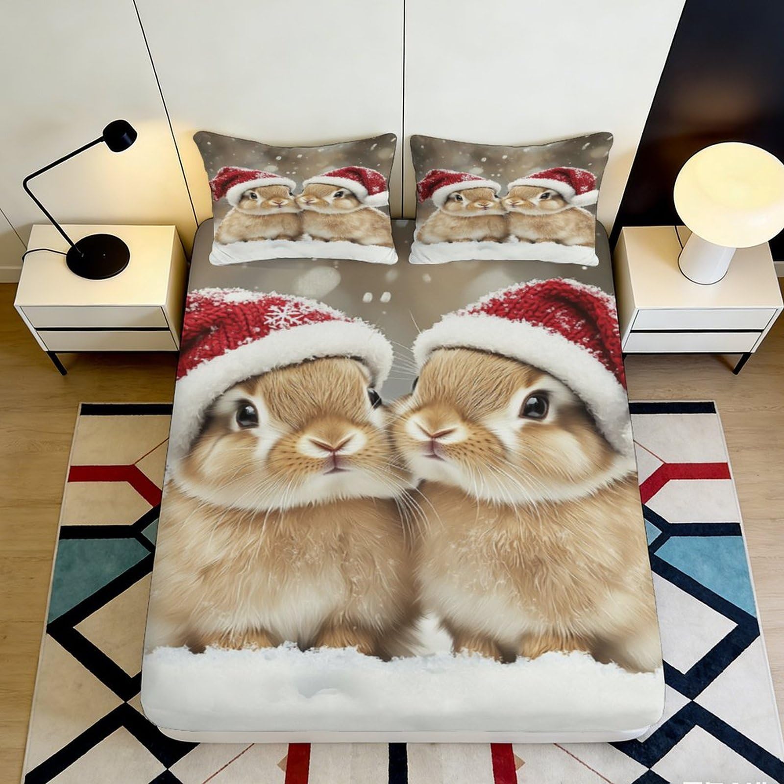 Pnayamiorkfel Style-9 3D Printed Christmas Bunny Fitted Sheet Microfiber Soft Kissing Rabbit Bed Cover For Bedroom Dorm Decor 90X200x25cm