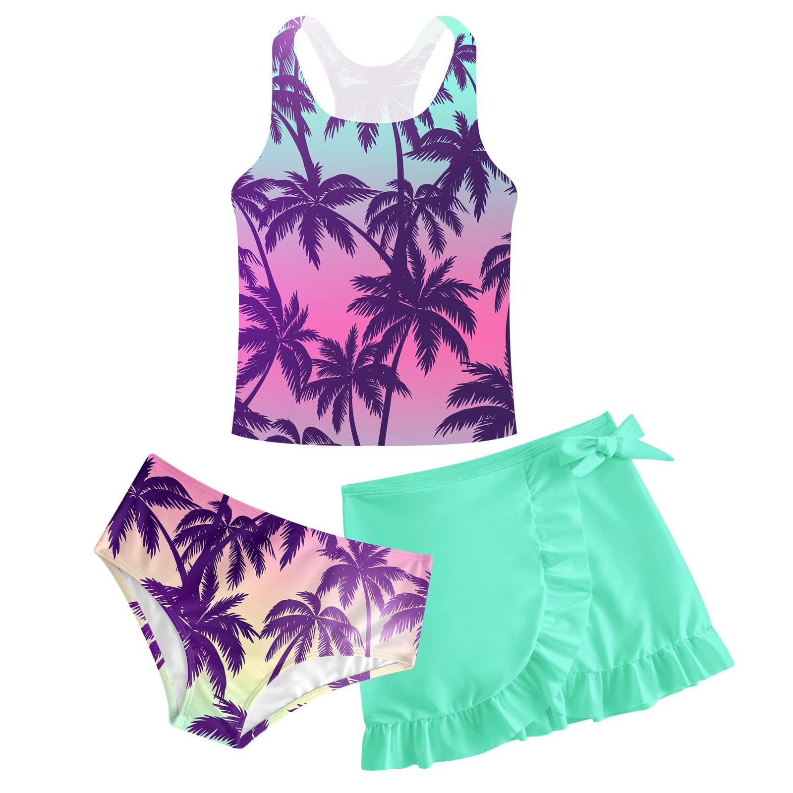Girls Swimsuit 3 Piece Bathing Suit Quick Dry Tankini Set with Cover Up Beach Skirt Tankini Swimwear 5-16 Years