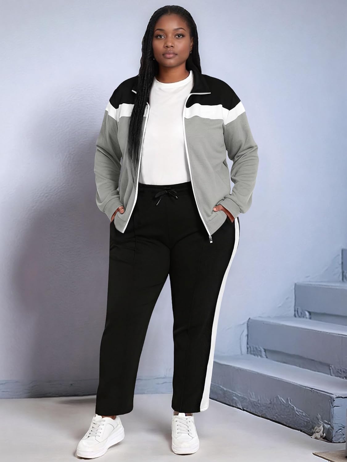 UOUA Plus Size Womens 2 Piece Sweatsuits Outfits Zip Up Jackets & Sweatpants Casual Loungewear Tracksuit Sets - Image 4