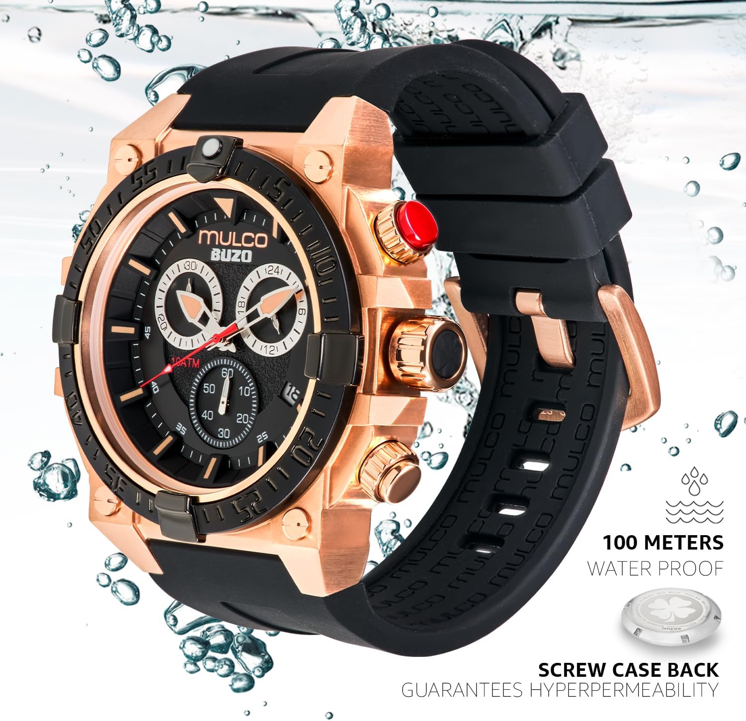 MULCO Watches for Men - Buzo, Stainless Steel Case with Wrist Silicone Band or Stainless Steel Strap, Quartz Chronograph Movement, Large Face Analog Display, 100m - Waterproof