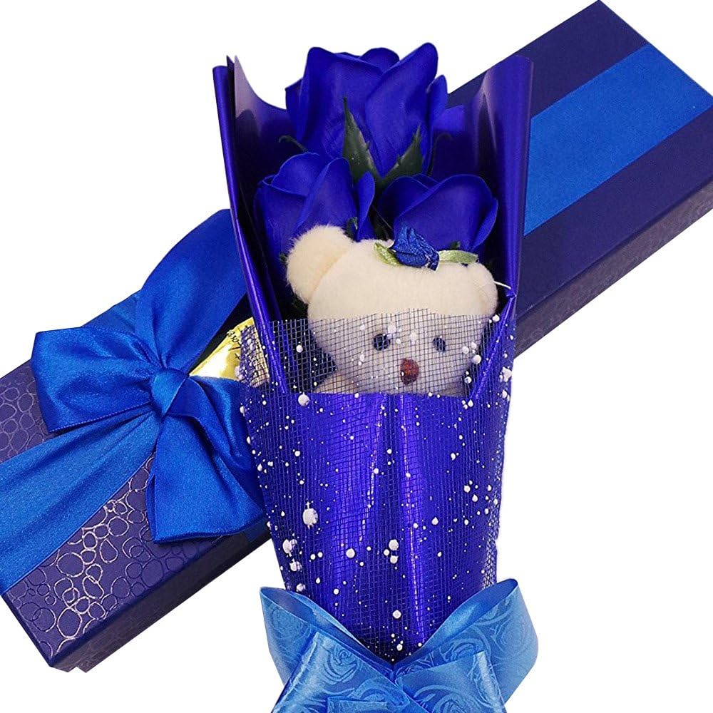 Abbie Home Flower Bouquet 3 Scented Soap Roses Gift Box with Cute Teddy Bear for Her Him Graduation Valentine's Day Anniversary Wedding Mothers Day Birthday Gift (Royal Blue)