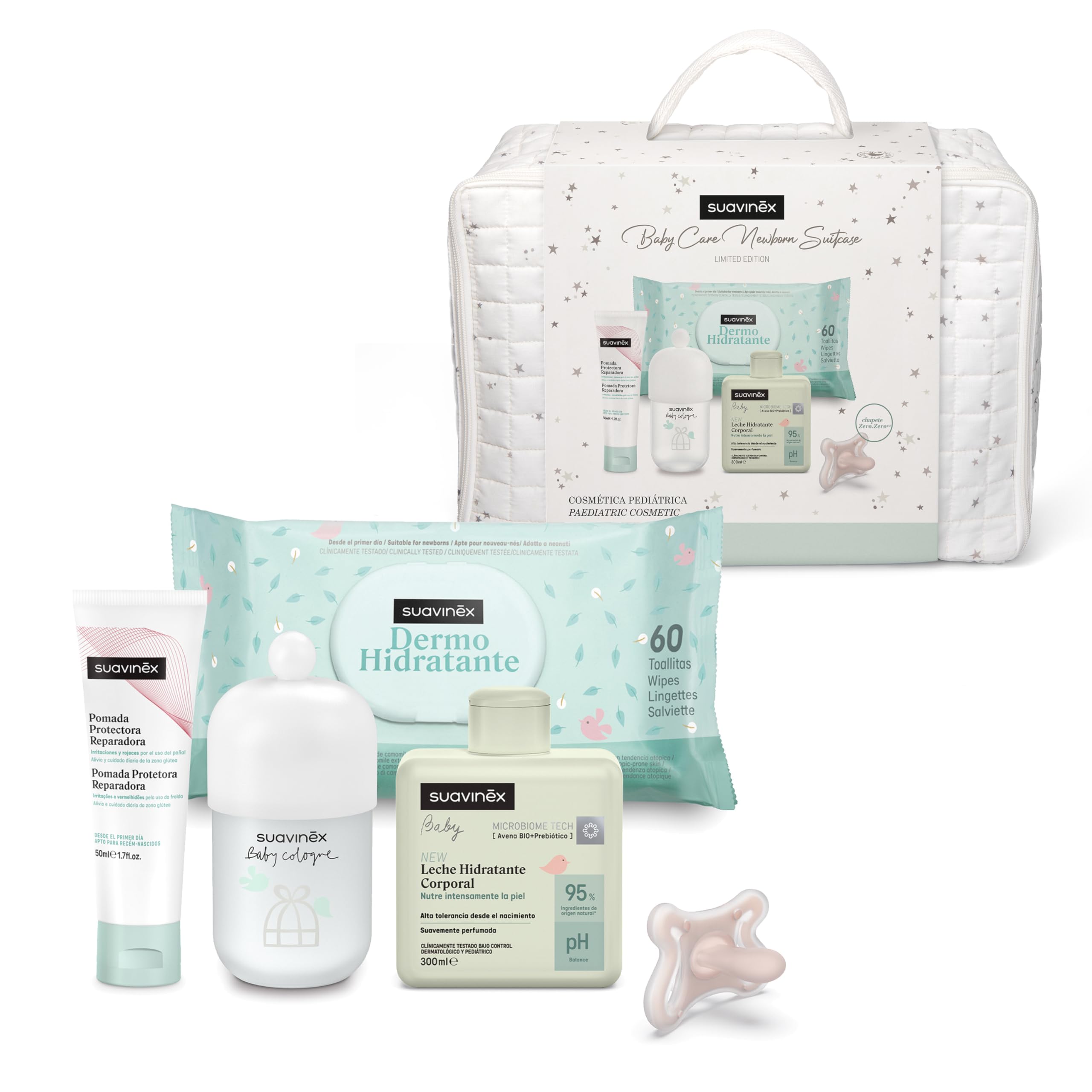 Suavinex, Canastilla Bebé Recien Nacido, Regalo Nacimiento con Maleta de Hospital con: Chupete Zero Zero 0/6 Meses + Baby Cologne 100 ml + Crema del Pañal 50 ml + Toallitas + Leche Hidratante 300 ml