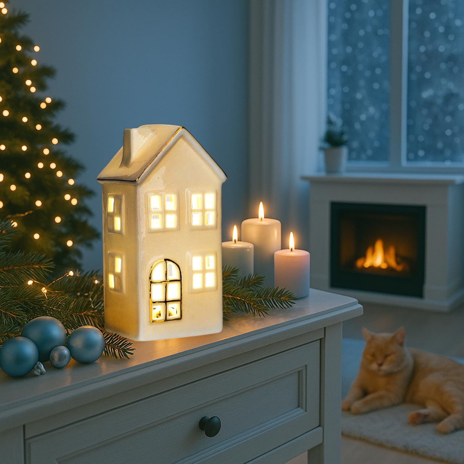 COM-FOUR® Domek LED z porcelany - latarnia na baterie - biala blyszczaca dekoracyjna latarnia do dekoracji zimowych i swiatecznych (Domek - 15cm)