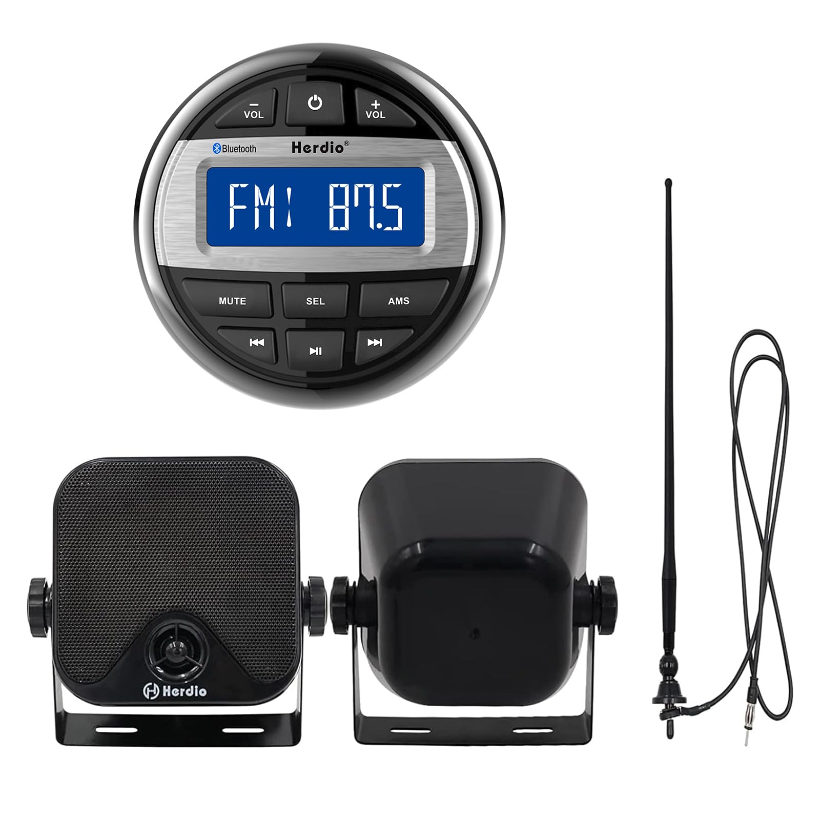 Herdio Marine Radio Package- IPX6 Receiver Compatible with Bluetooth, 1 Pair 4 Inch Marine Speakers, AM FM Antenna for Boat ATV UTV (Black)-image-49