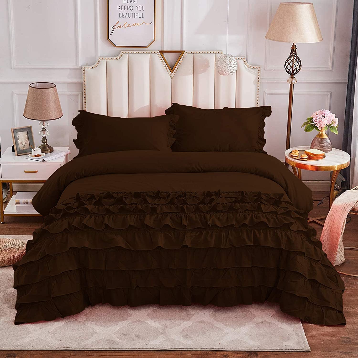 5 PCS Half Ruffle Duvet/Rajai Cover Set- 1 Duvet Cover and 4 Pillow Cover- Zipper Closure Comforter Cover- 100% Cotton-300TC-Fluffy & Soft-Chocolate Solid, Double Size-image-35