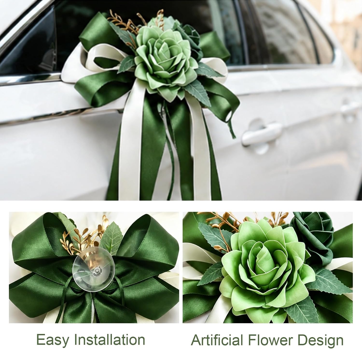 4 PCS Elegant White Artificial Flower Bow Set, Car Decoration for Wedding Door Handles and Mirrors, Romantic Floral Decor for Just Married Vehicles (4, Green) image 5