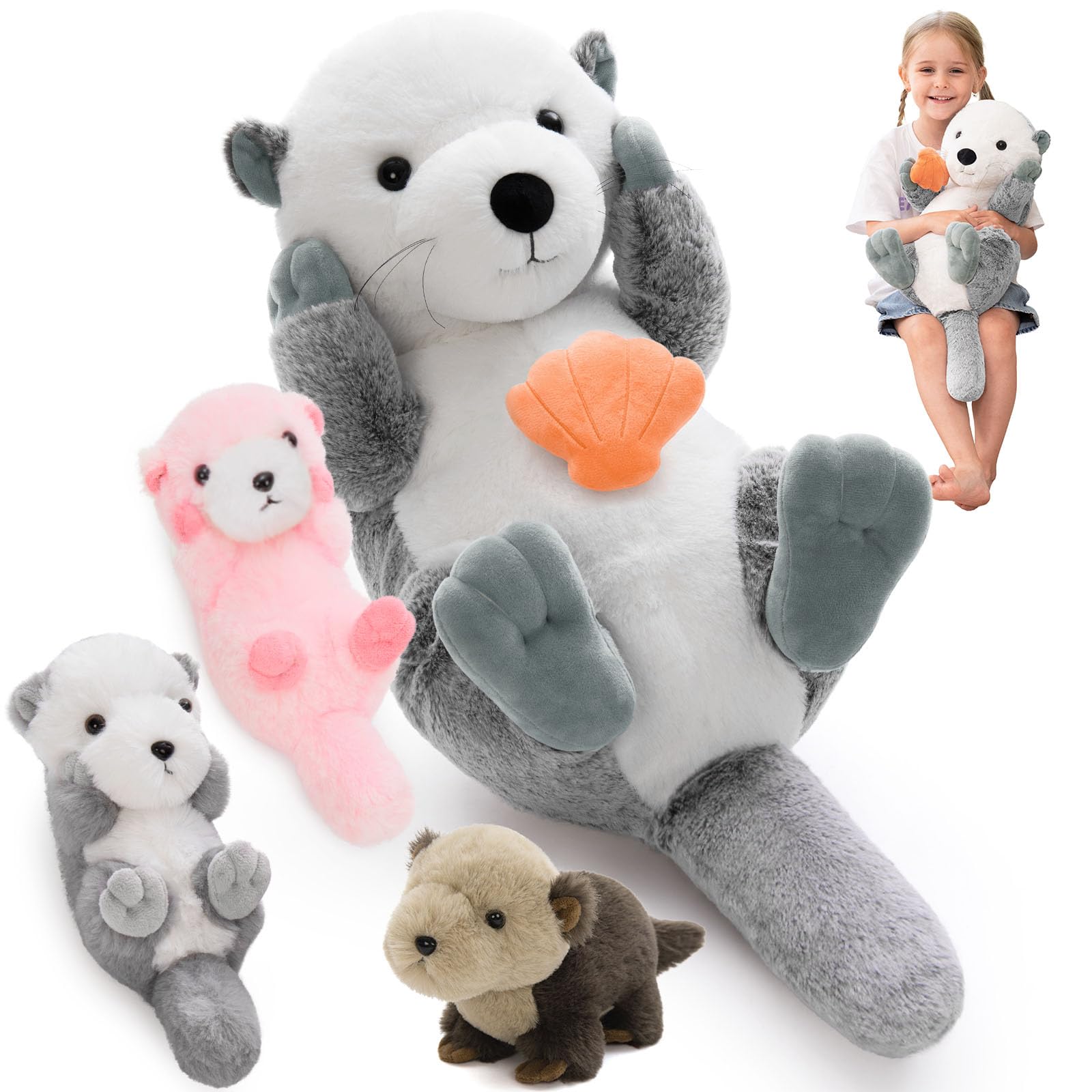 MaoGoLan Gray Sea Otter Plush Toy, Magnetic Mommy Otter with 3 Babies & Seashell Inside, 60cm Giant Sea Animal Stuffed Toy for Kids, Birthday Christmas Decor