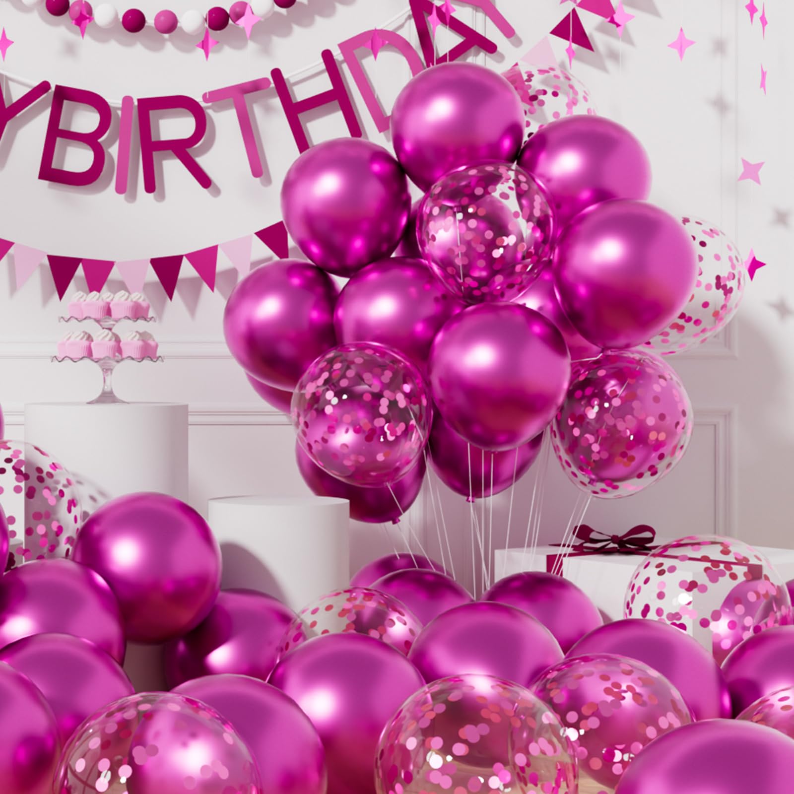 AULE Party Balloons Pack of 42 - Metallic Chrome Hot Pink Balloons and Hot Pink Confetti Latex Helium Balloons With 64ft Ribbons - 12 Inch Balloon Decoration Set