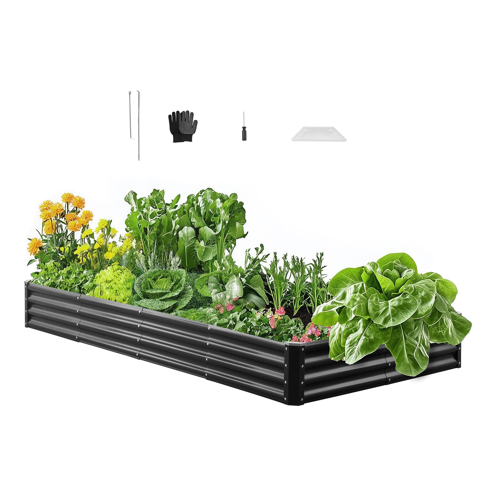 VEVOR Cama Elevada de Jardín 240 x 120 x 29 cm Rectangular, Jardinería Elevada de Metal con Base Abierta para Cultivo de Flores Plantas Hierbas Huerto con Accesorios para Jardín Terraza Patio Balcón
