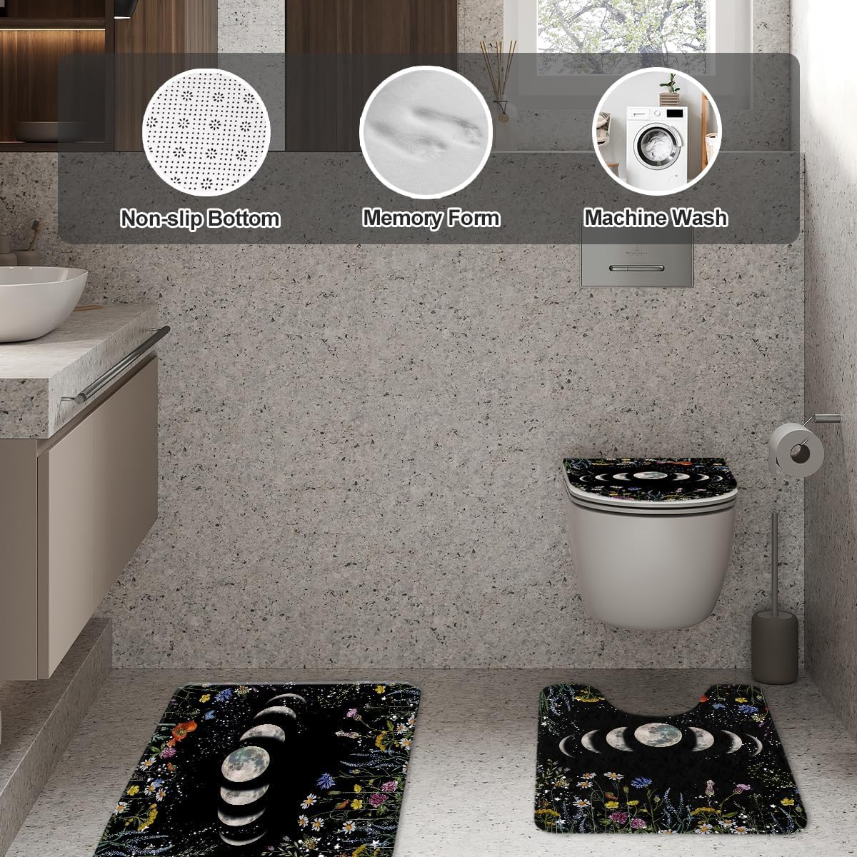 Black Gothic Shower Curtain Set Moon Phrase Goth Witchy Dark Celestial Floral Flower Space Stars 4 Pcs Toilet Lid Cover Non-Slip Rugs for Bathroom Decor Bath U Shape Mat Accessories