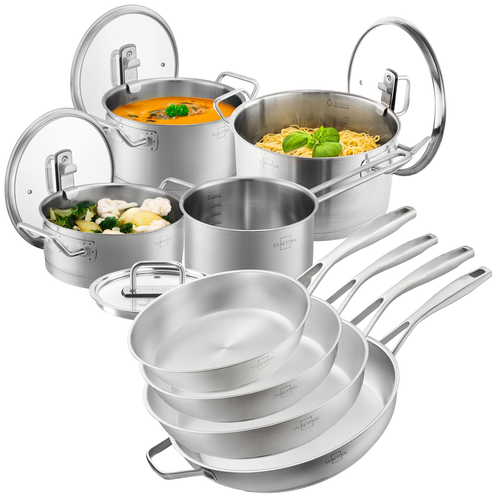 SILBERTHAL Pfannen - und Topfset 10 teilig Induktion - Unbeschichtet | Edelstahl - Kochtopf 2,5l,3,5l, 5l und Pfannen 20cm, 24, 28 & 32 cm - Spülmaschinenfest