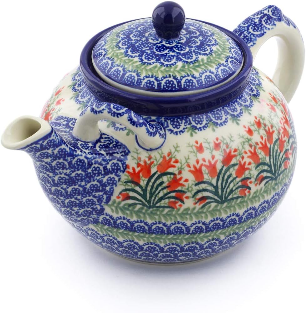 Polmedia Polish Pottery Tea or Coffee Pot - Crimson Bells Pattern Handmade in Boleslawiec Poland by Ceramika Artystyczna + Certificate of Authenticity