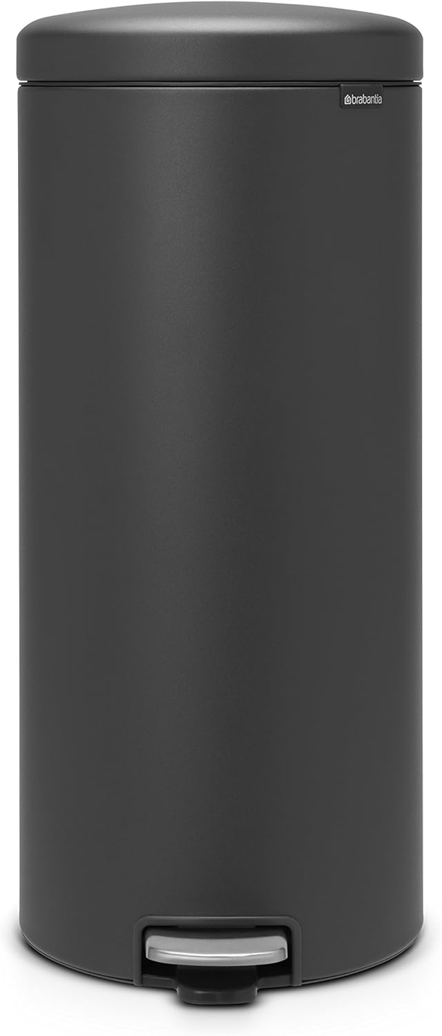 Brabantia NewIcon Pedal Bin 5.3 gal | Soft Close Waste Bin with Odour-Proof Lid and Plastic Inner Bucket | Compact, Non-Slip Trash Can for Kitchen, Office, Bathroom, or Bedroom |Mineral Infinite Gray