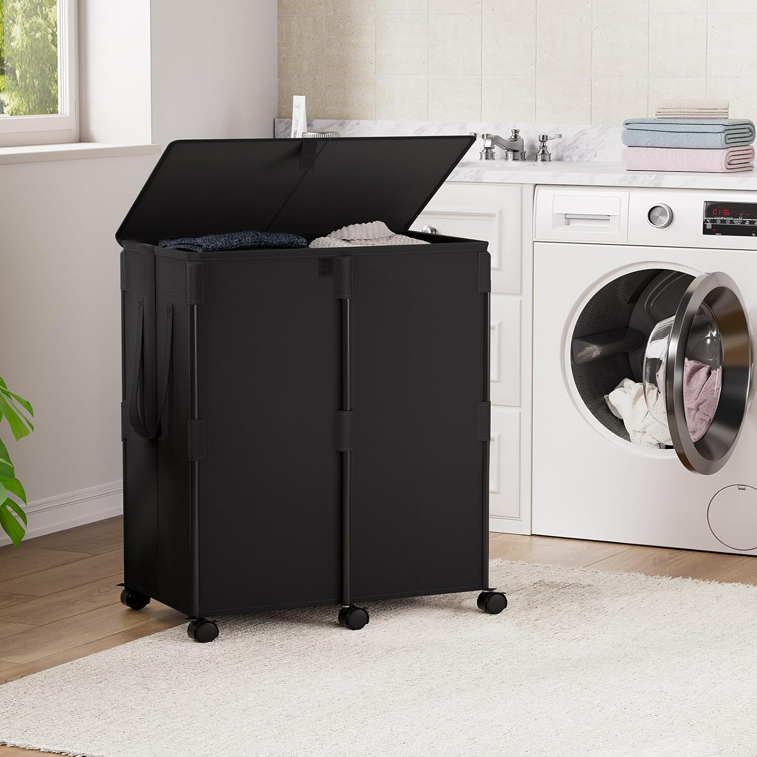 Chrislley 140L Large Double Laundry Hamper with Lid and 6 Wheels, Rolling Laundry Basket with 2 Removable Bags, Heavy Duty Metal Frame Laundry Cart, Dirty Clothes Hamper for Bathroom, Bedroom (Black)