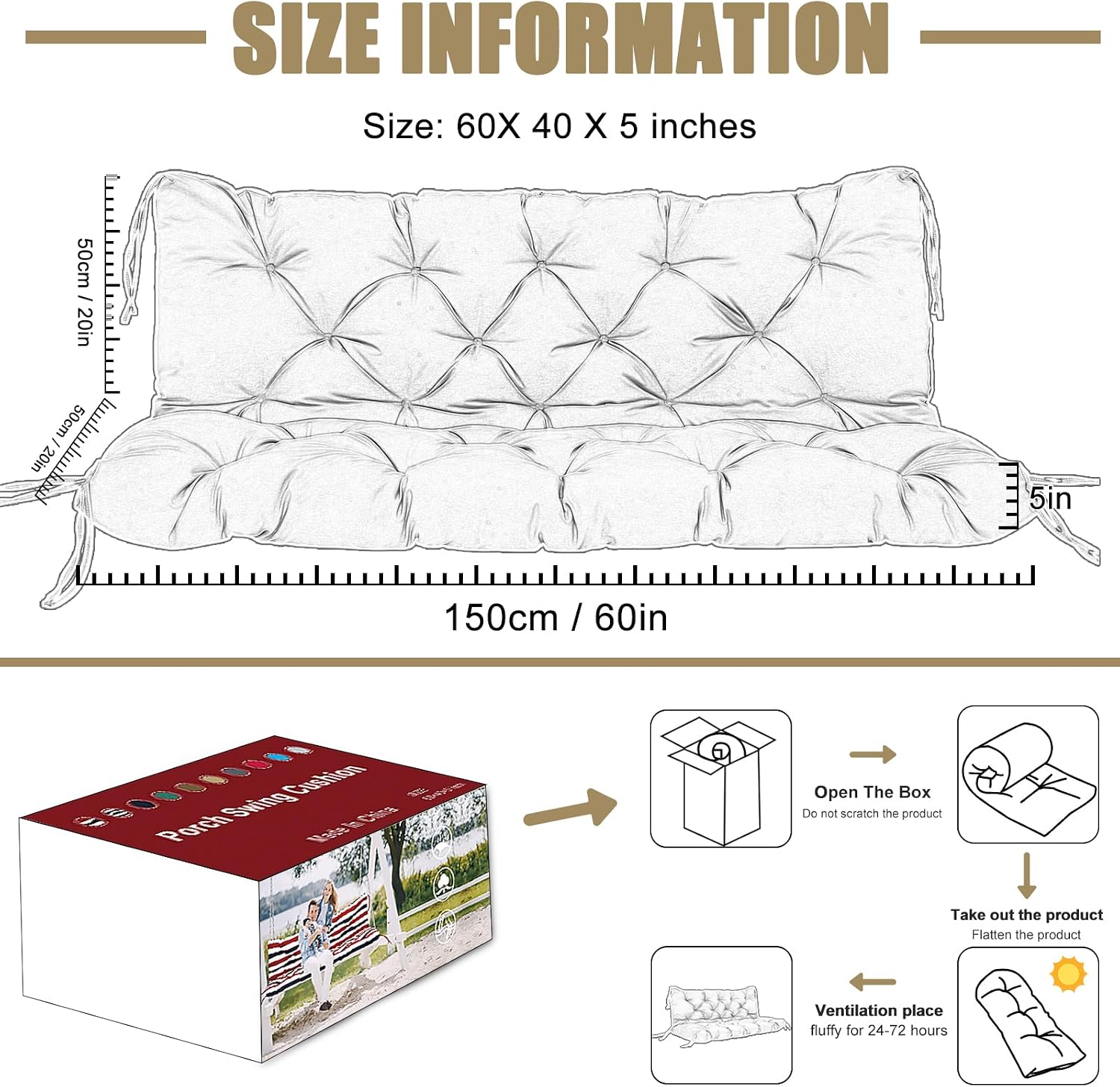 Porch Swing Cushions 60 inch x 40 Khaki Waterproof Outdoor Swing Cushions with Backrest Thicken 5" Patio Swing Cushions 3 Seater Replacement with Ties Swing Cushion for Outdoor Furniture Bench