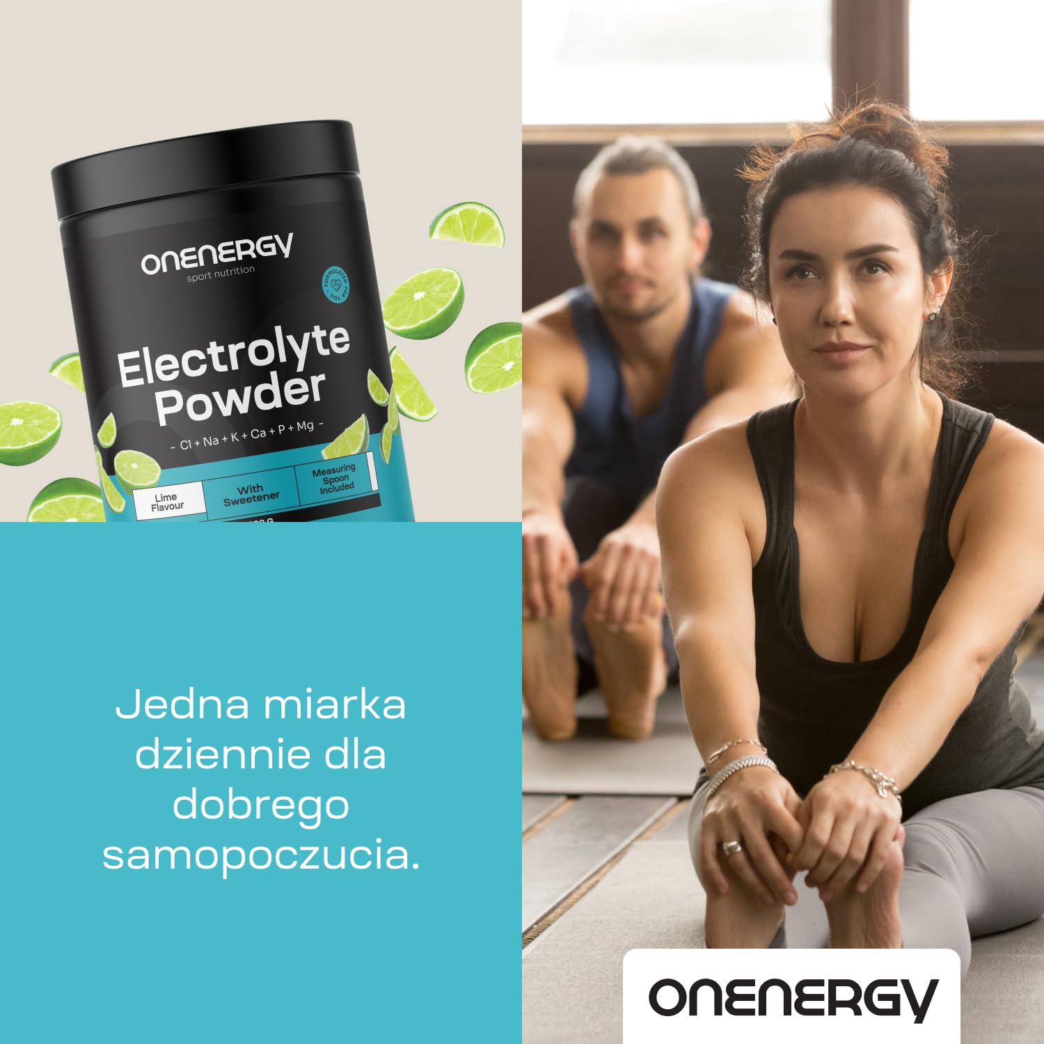 Elektrolity w proszku od OnEnergy - Limonka - 500 g - 142 porcje - Mieszanka 6 minerałów - Nawodnienie - Wsparcie mięśni i nerwów - Dołączona miarka - Na prawie 5 miesięcy
