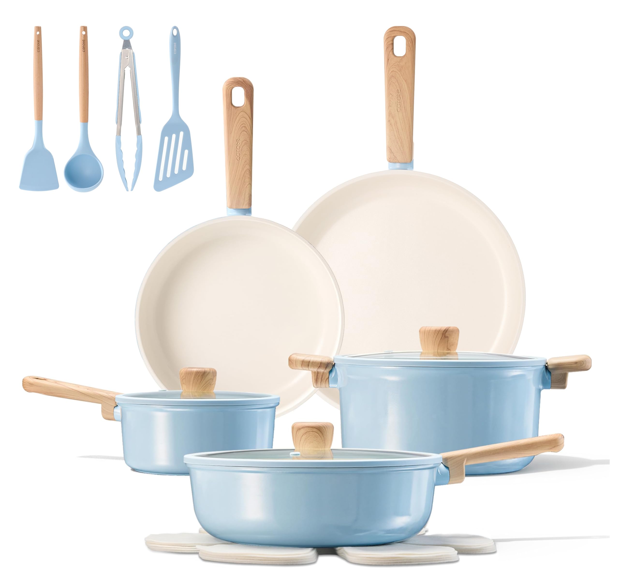 CAROTE 26pcs Ceramic Cookware Set, Pots and Pans Non Stick Kitchen Cookware Sets, Pots and Pans Set Cooking Set with Knife Set & Oven Mitts