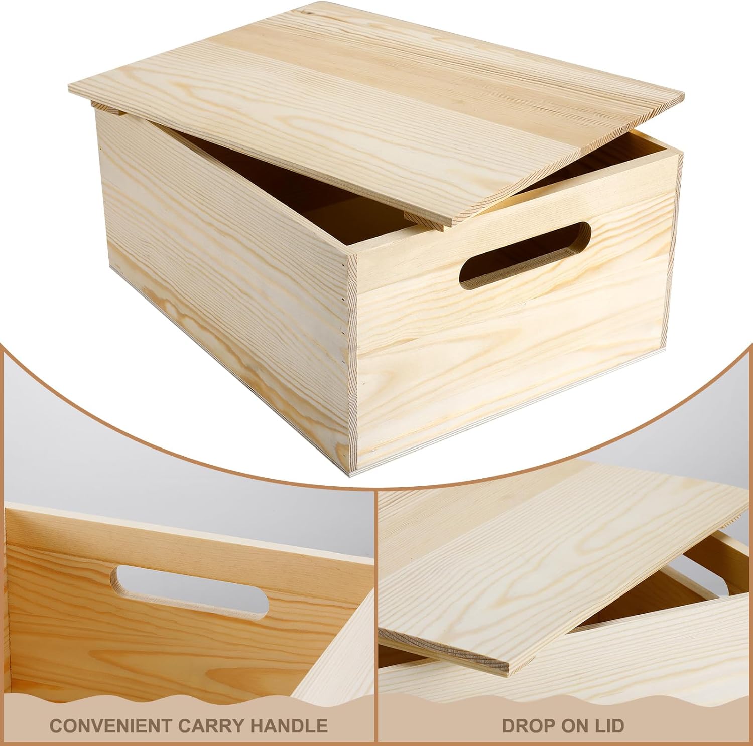 Spiareal Wooden Storage Box 15 x 12 x 7 Inches Pine Wood Decorative Crate Box with Hand Holes and Lid Plain Unpainted Wooden Storage Bins for Home Decor Wine Tool Kitchen Arts Crafts
