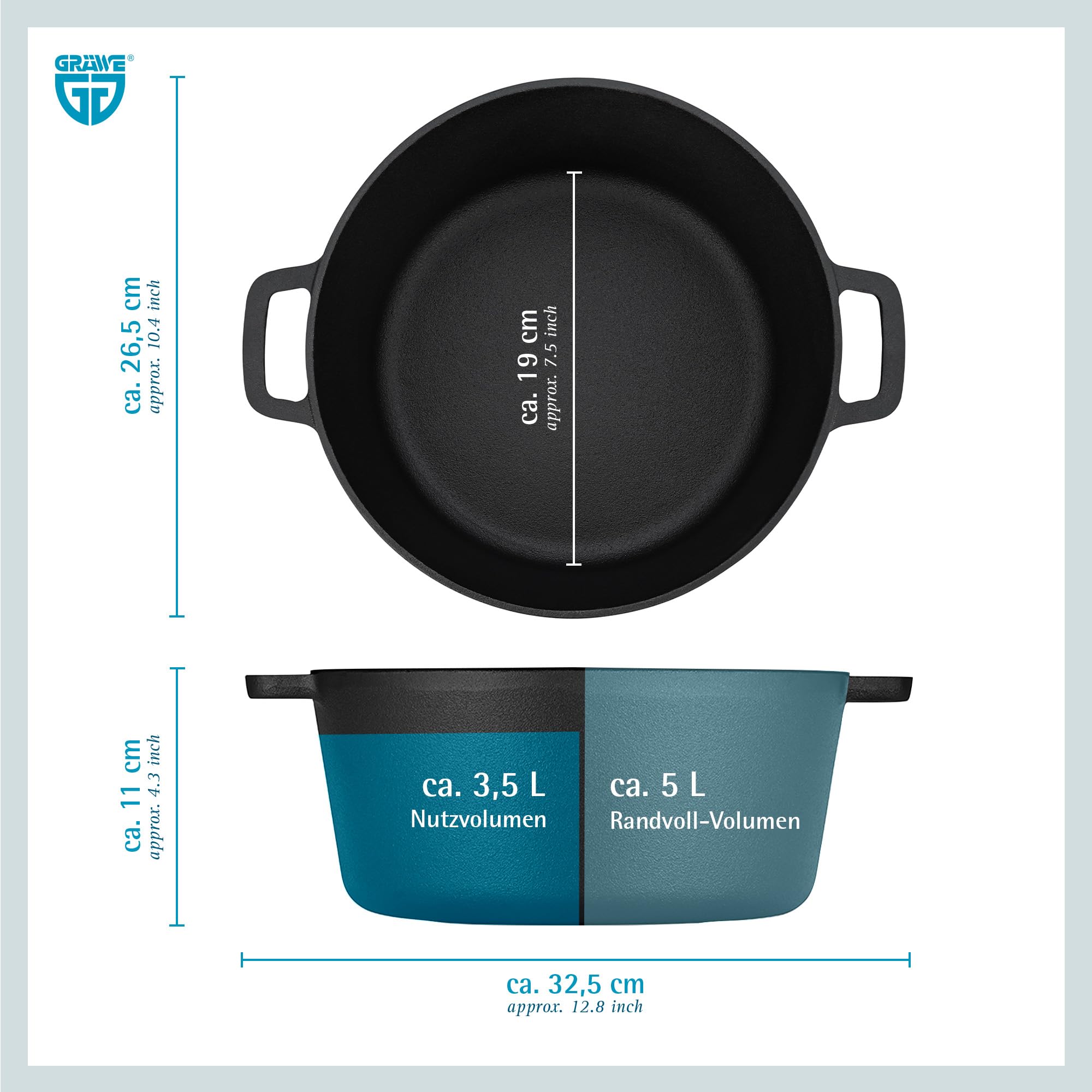 GRÄWE Dutch Oven CI 350 Ø 26 cm – Gusseisen Brat- & Kochtopf 2-in-1 mit Deckel, Induktion & Backofen geeignet, Schmortopf & Bräter für Outdoor & Küche, 5QT, 4,7 Liter