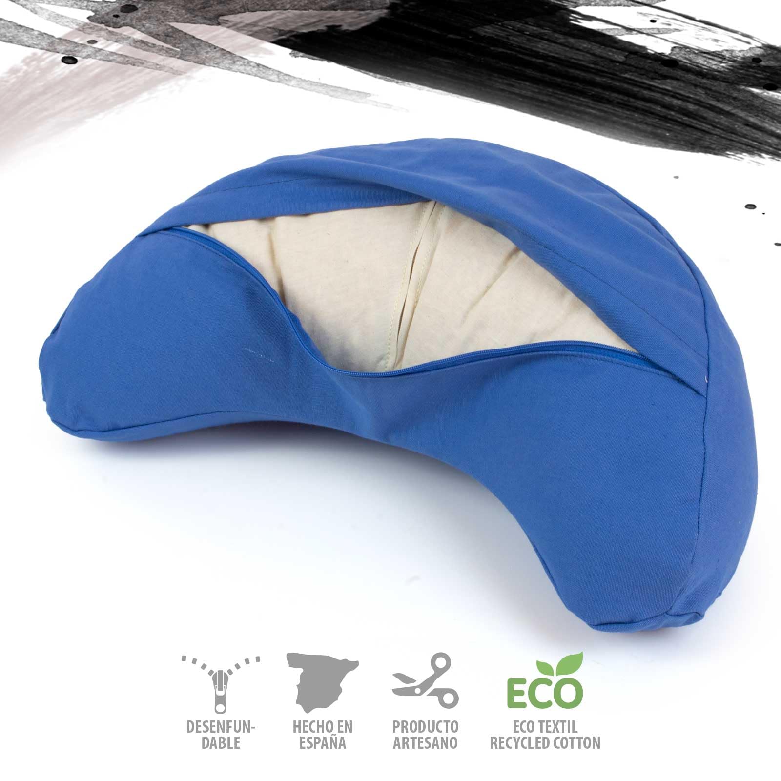 Zafu meditación media luna desenfundable, AZUL, cojín yoga, tejido 100% algodón, relleno cáscara espelta ecológica