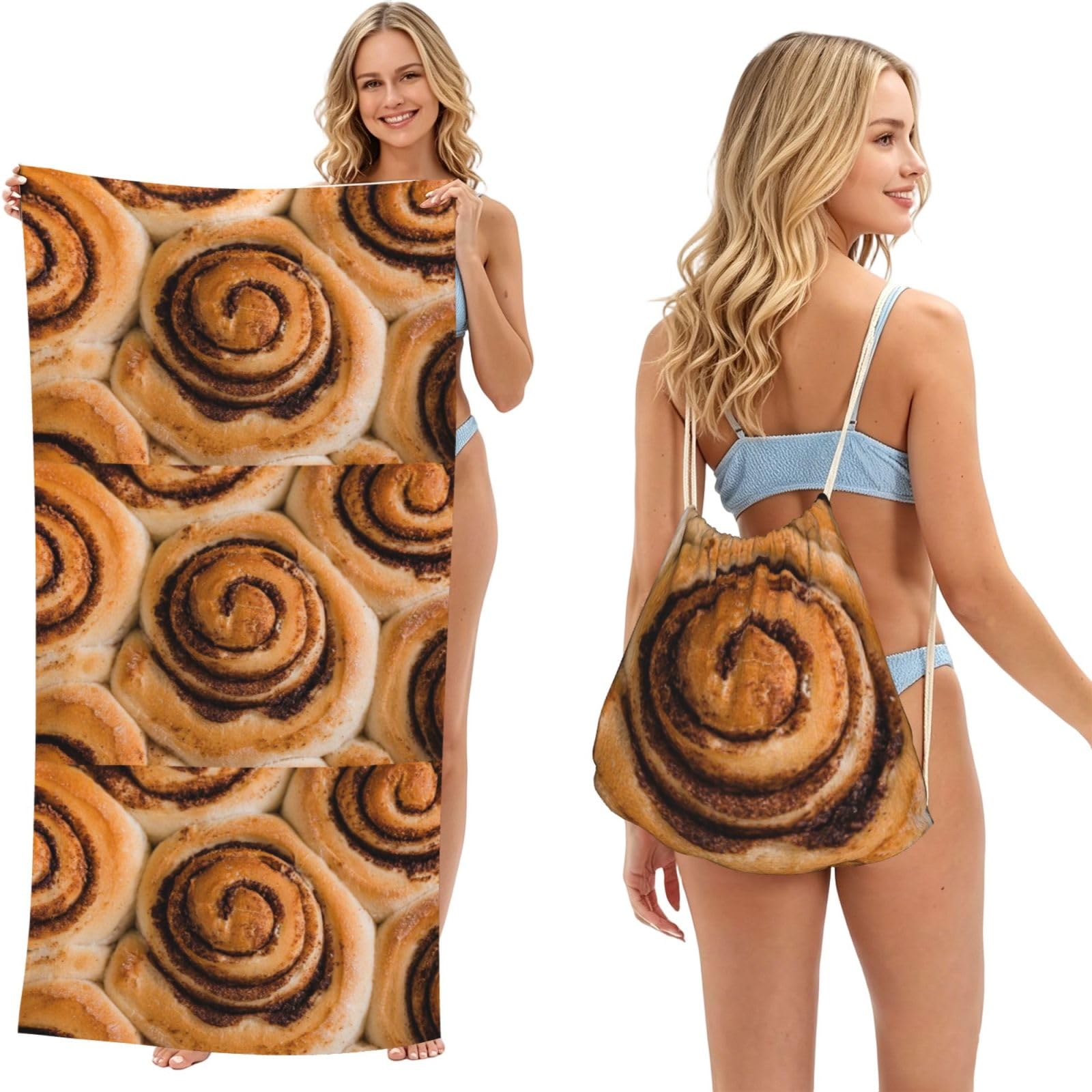 Poadnly As Picture Delicious Cinnamon Rolls Bread Pattern, 2 In 1 Packable Towel Bag, Beach Towels With Drawstring Backpack For Travel Holiday Camping