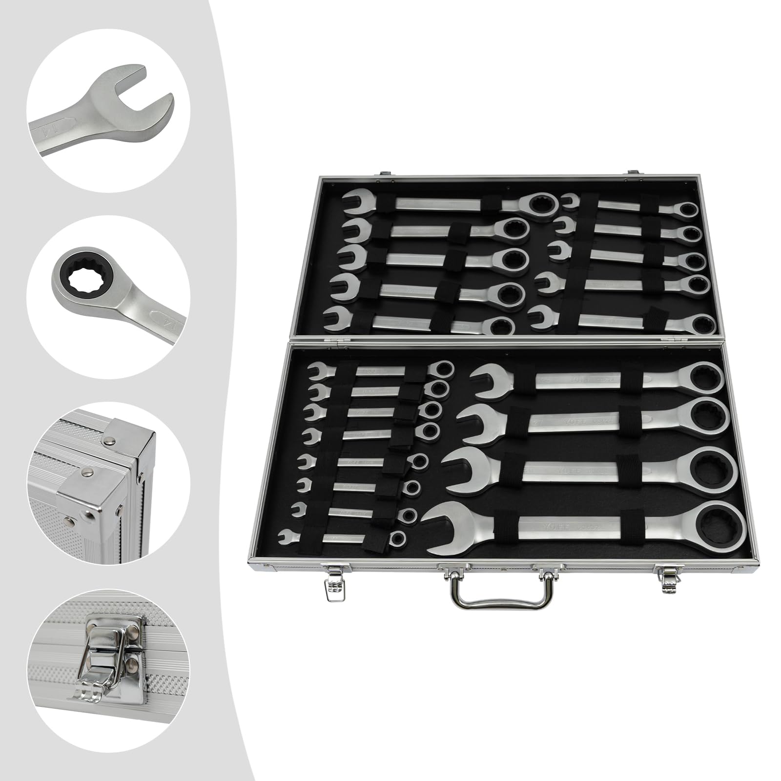 Juego de llaves de carraca de 6-32 mm, 22 piezas con caja de herramientas, juego de llaves profesionales para talleres de coche, llaves comerciales
