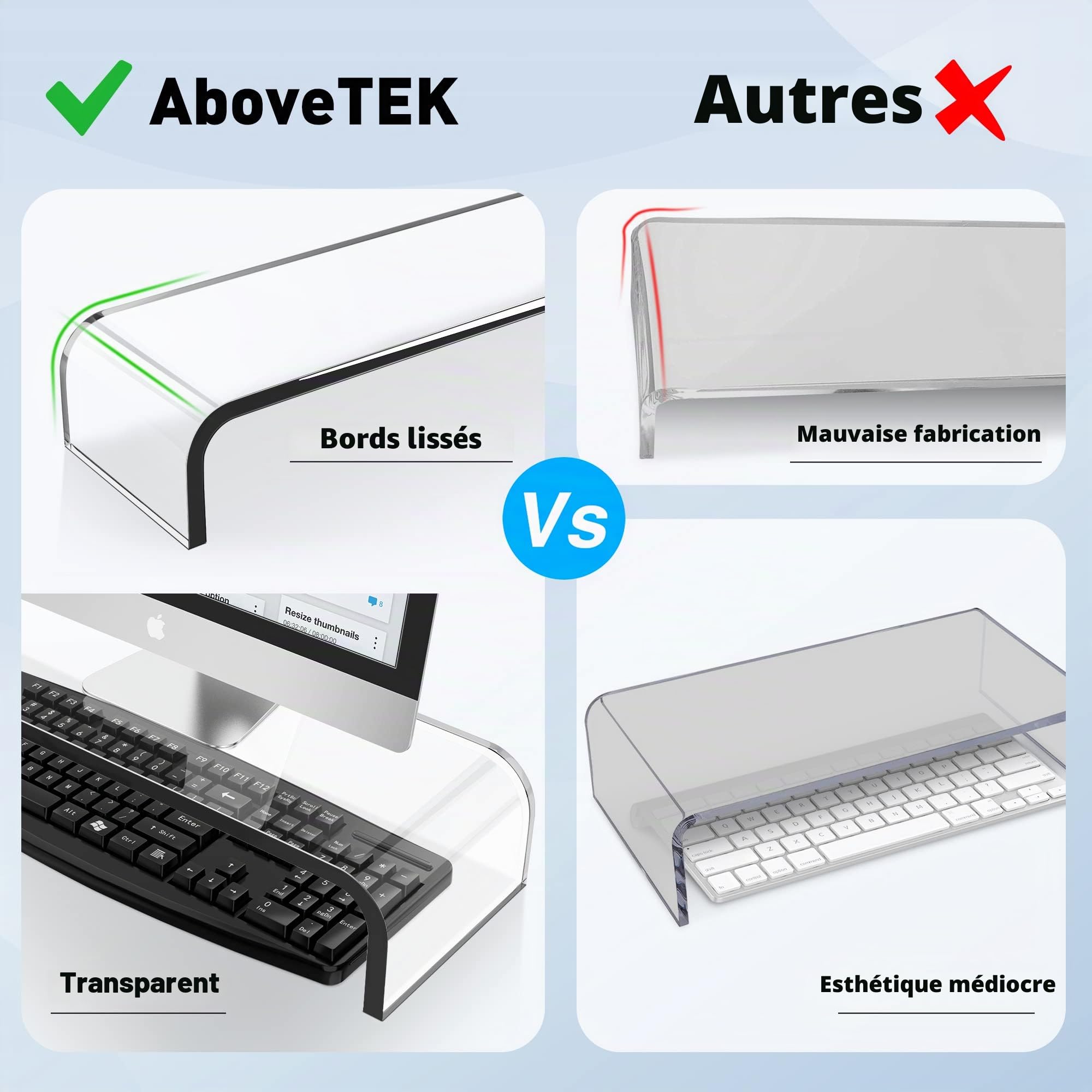 AboveTEK Support de Moniteur en Acrylique, Bureau de Moniteur, Port PC, 52 cm x 20 cm x 9 cm pour Moniteur/Haut-Parleur/TV/PC/Ordinateur Portable