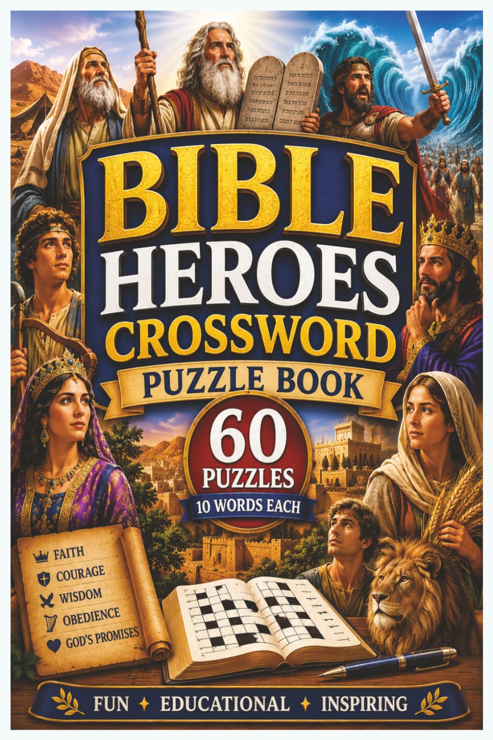 Bible Heroes Crossword Puzzle Book: 60 Fun and Educational Crossword Puzzles Featuring Abraham, Moses, Joshua, David, Solomon, Esther, Ruth, Daniel, Elijah, Prophets, Kings, and Heroes of the Bible