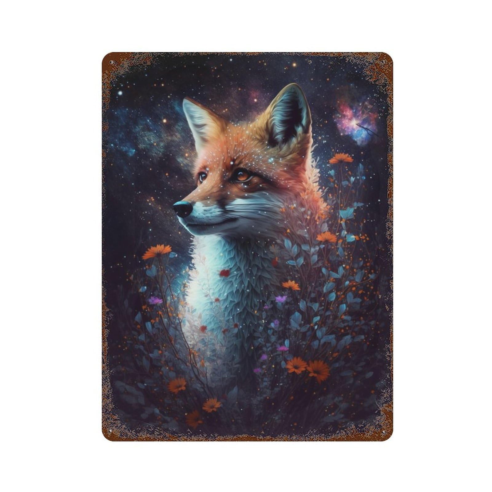 Magical Fox in Flowers 15.7"x11.8" Decorative Tin Sign, Retro Wall Decor for Bistro, Counter And Cafe Decor