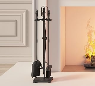 Calidola 5-Piece Cast Iron Fireplace Tools Set 29.5" Black - Tongs Poker Shovel Brush Stand for Indoor Outdoor Fireplaces