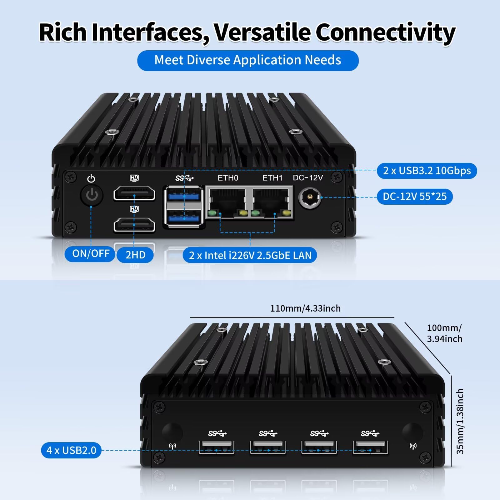 Micro Firewall Appliance, Fanless Mini PC N100 4C/4T, 2X 2.5 GbE i226V LAN,AES-NI,DDR5 0G SSD 0G NVME Barebone Router Netzwerk Security 6USB/2HD Dual Display