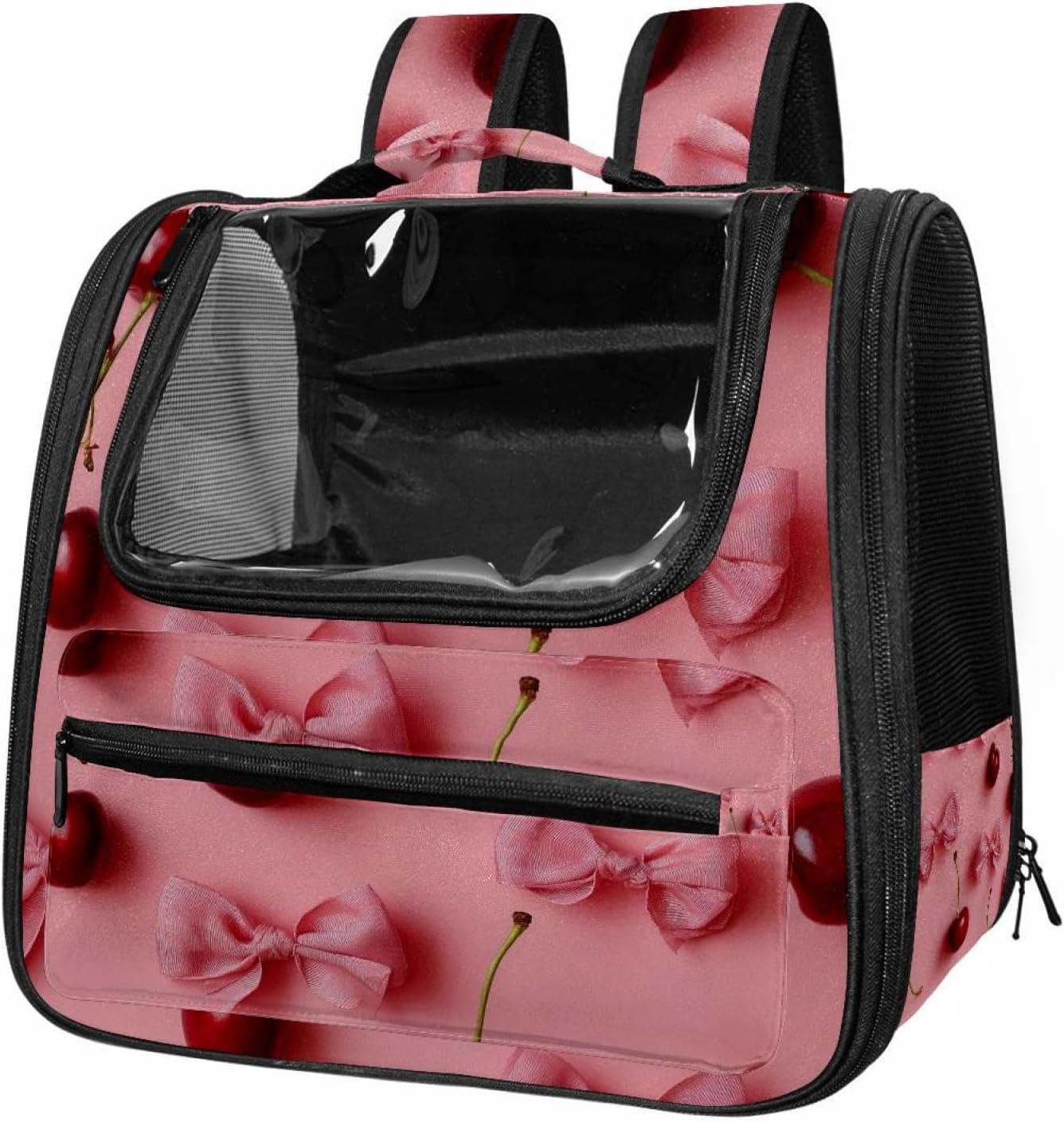 Portable Travel pet Backpack Carrier Hamster Bag Small Dog cat Carrier Breathable Hang Bag, Pink Bows and Cherries on Pink Backgroun (1)