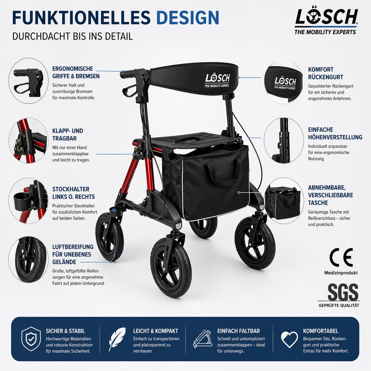 TABAS Outdoor Rollator 2.0 luftbereift – Leichtgewicht Aluminium Rollator faltbar mit Sitz & Tasche, höhenverstellbar, stabile Gehhilfe für Senioren innen & außen – Rot