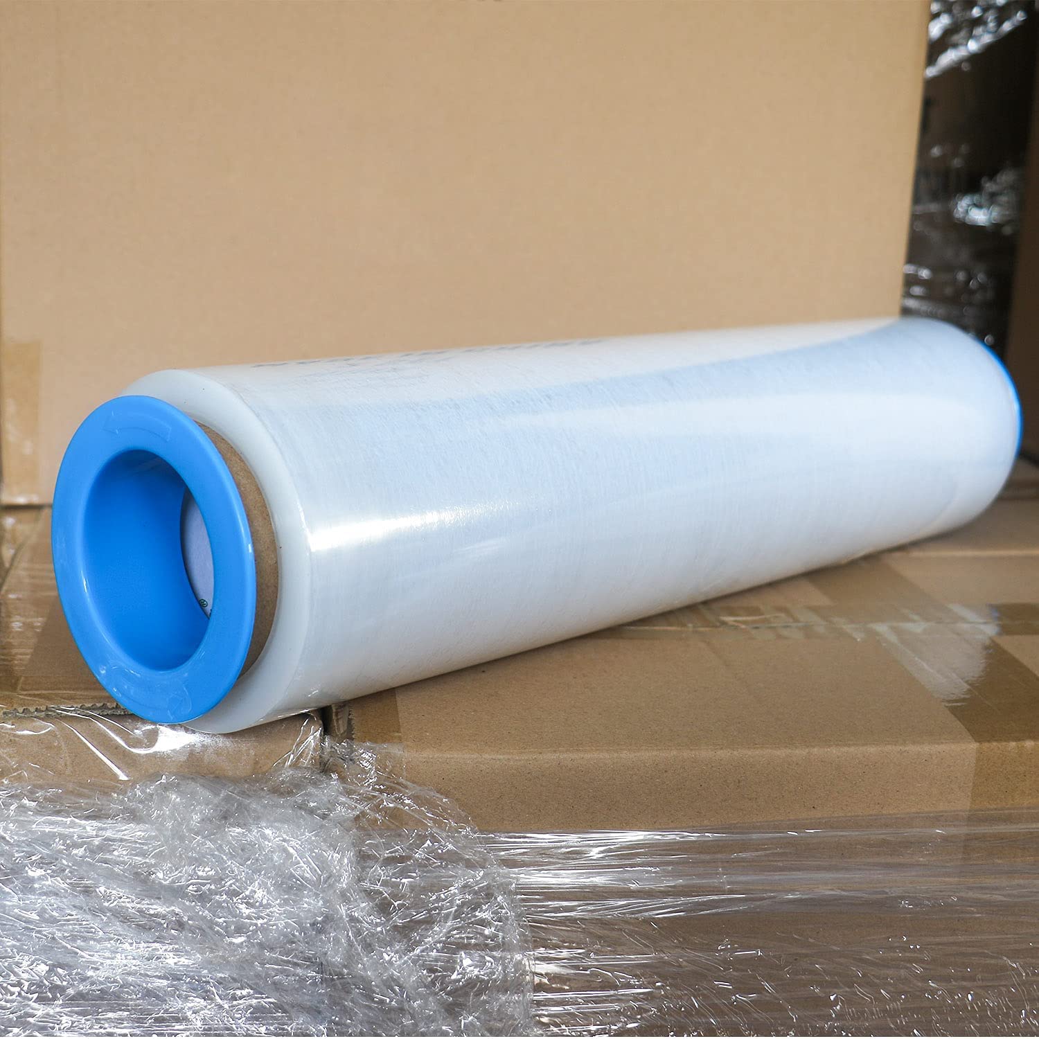 BOMEI PACK Folia stretch na palety z obrotową tuleją, folia do przewijania, 18 my x 500 mm x 300 m, folia do pakowania przezroczysta, 2 rolki