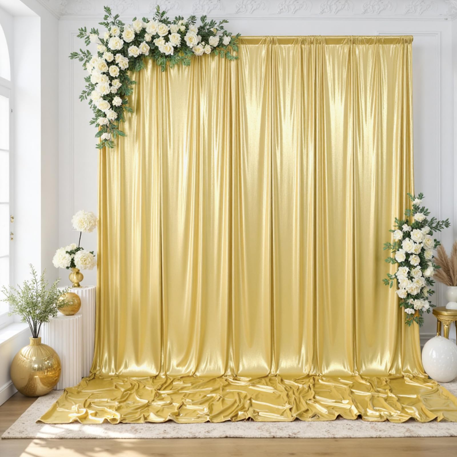 gogoparti 20x14FT Gold Sequin Backdrop Curtain - 4 Panels of 5x14FT Wrinkle-Free Reusable Glitter Drapes for Photography, Weddings, Birthdays &
