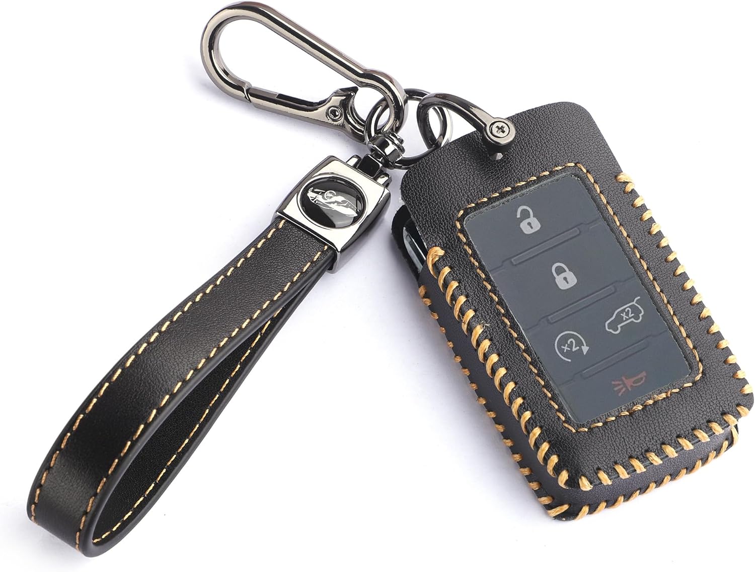 for Jeep Key Fob Cover with Keychain, Leather Car Key Case Full Protector Fit for 2021-2024 Jeep Grand Cherokee L Grand Wagoneer Smart Key, Black