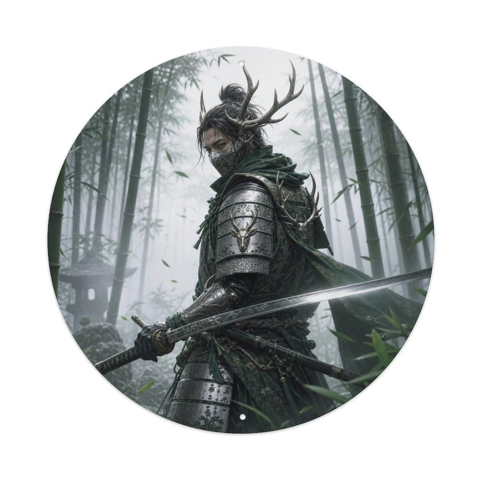 Samurai Warrior Armor Silver Mist Bamboo Grove Vintage Metal Tin Sign Plaque Wall Decor for Cafe, Club Bar, Office, Garden Metal Poster 8x8Inch