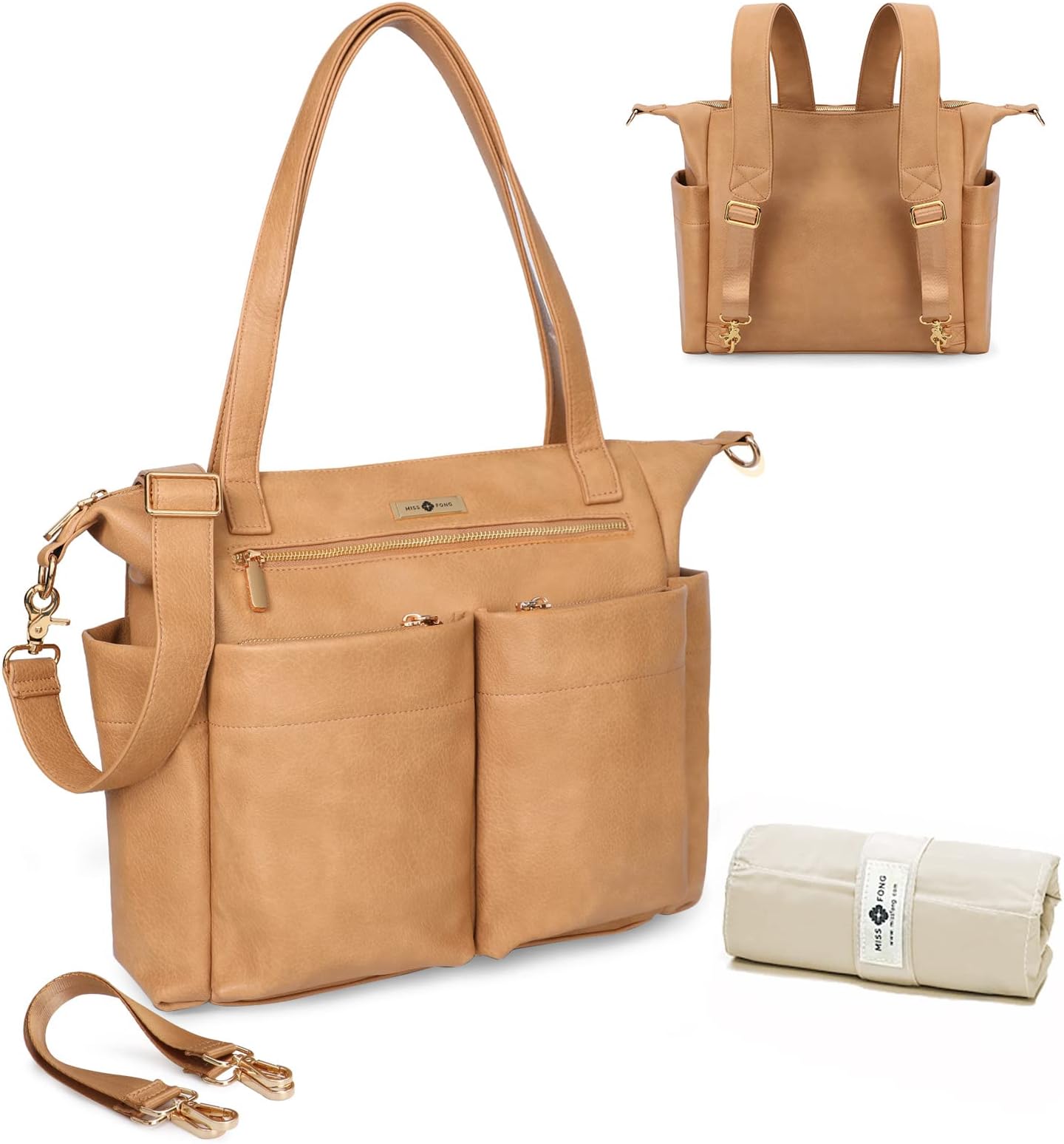 miss fong Leather Diaper Bag Backpack Diaper Bag Leather Diaper Bag, Peanut, L