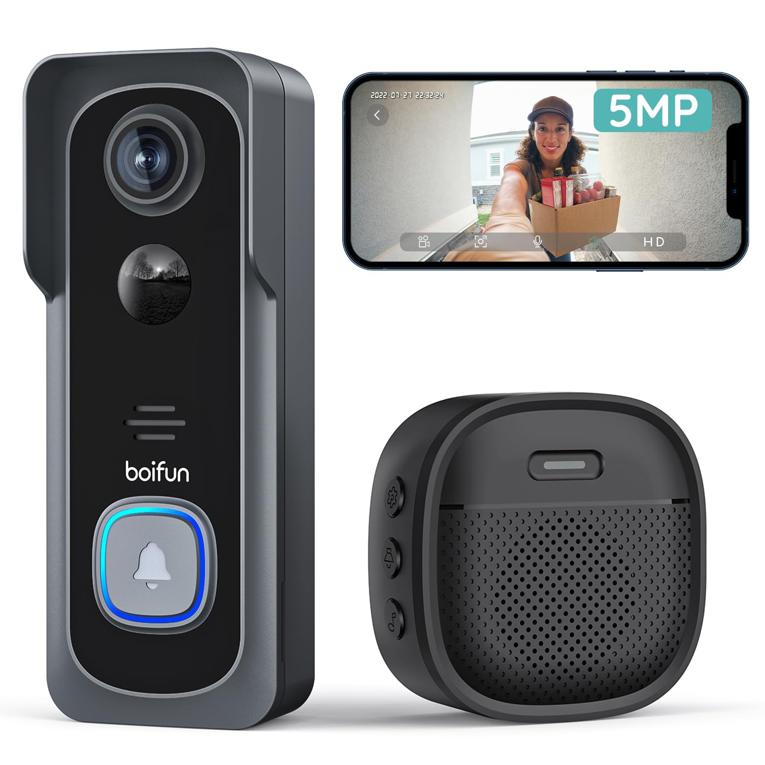 BOIFUN 5MP Video Doorbell Camera Wireless – Sharper Than 2K, No Subscription, 166° Wide View, HDR Night Vision, Smart Human Detection, Two-Way Audio &