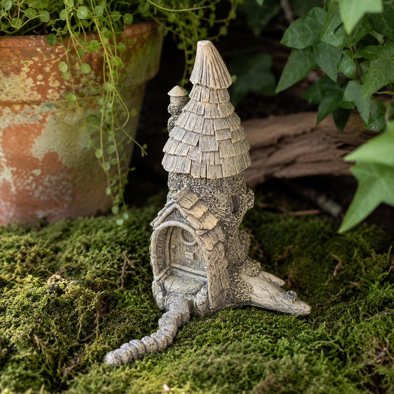 Garden Mile Green Stone Effect Fairy House Resin Outdoor Statues Ornaments - Weatherproof Outdoor Fairy Garden Ornaments Sculpture For Patio, Yard, Lawn, Grave Ornaments, Garden Décor Decorations