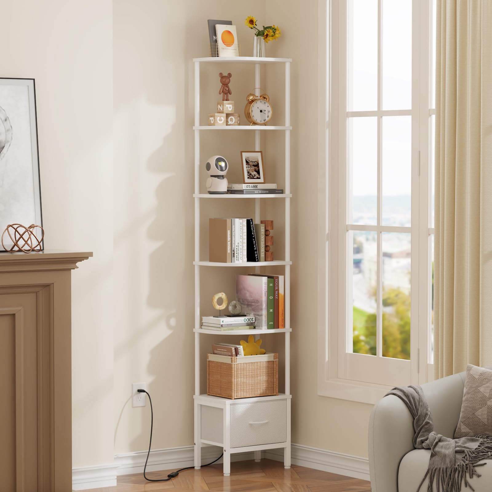Librería de Esquina con Cajón y Luz LED, Estantería Alta de 6 Baldas (191 cm), Estrecha para Salón o Dormitorio, Cajón de Tela, Blanco